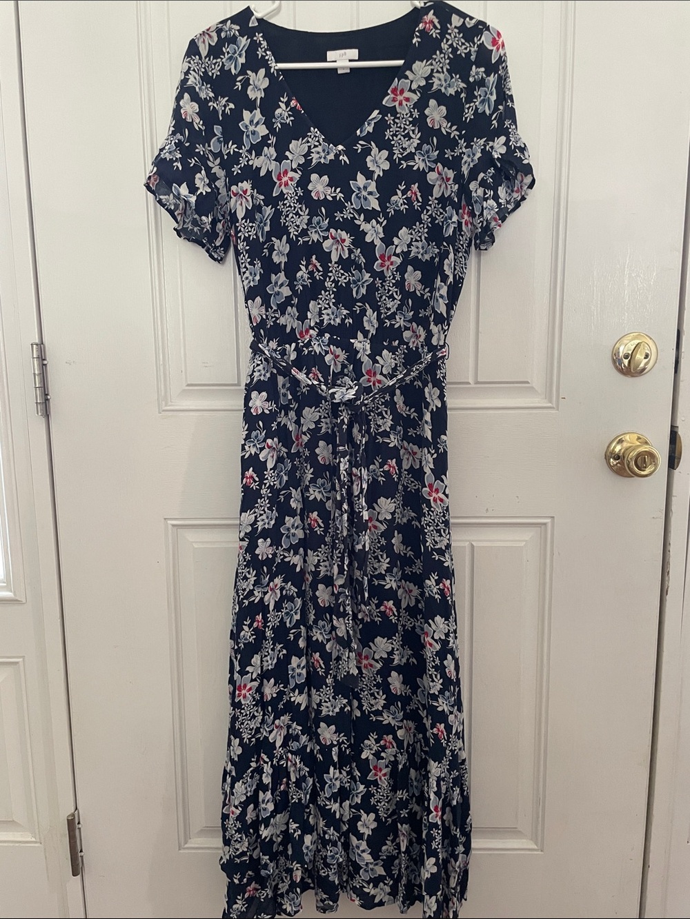 J Jill Navy Floral V Neck Maxi Dress Flutter Sleeve